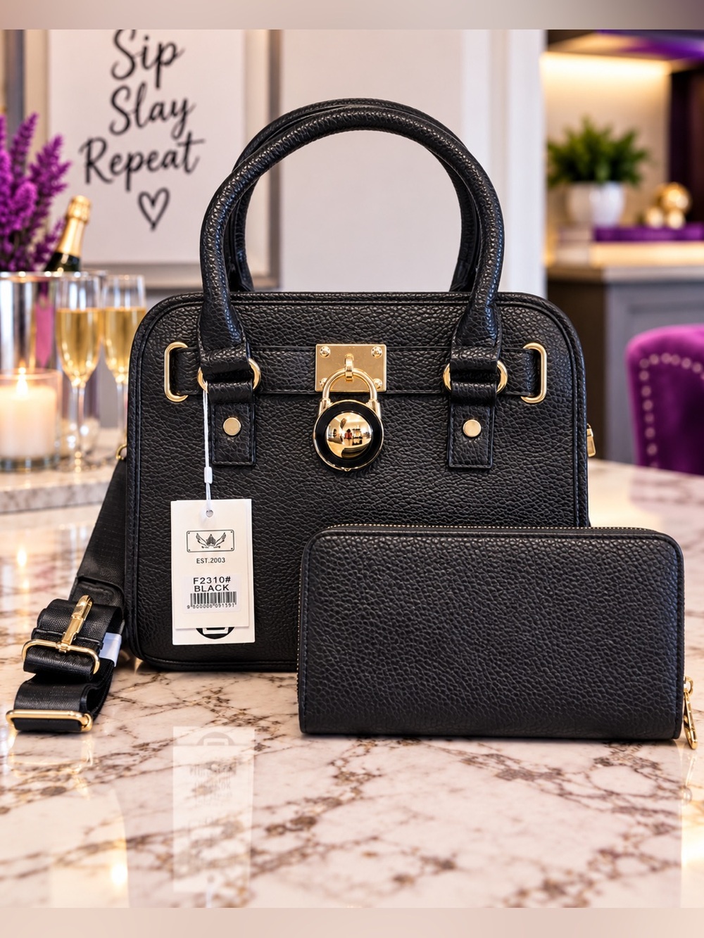 Wendy Keen Elegant Black Pebbled Satchel with Matching Wallet
